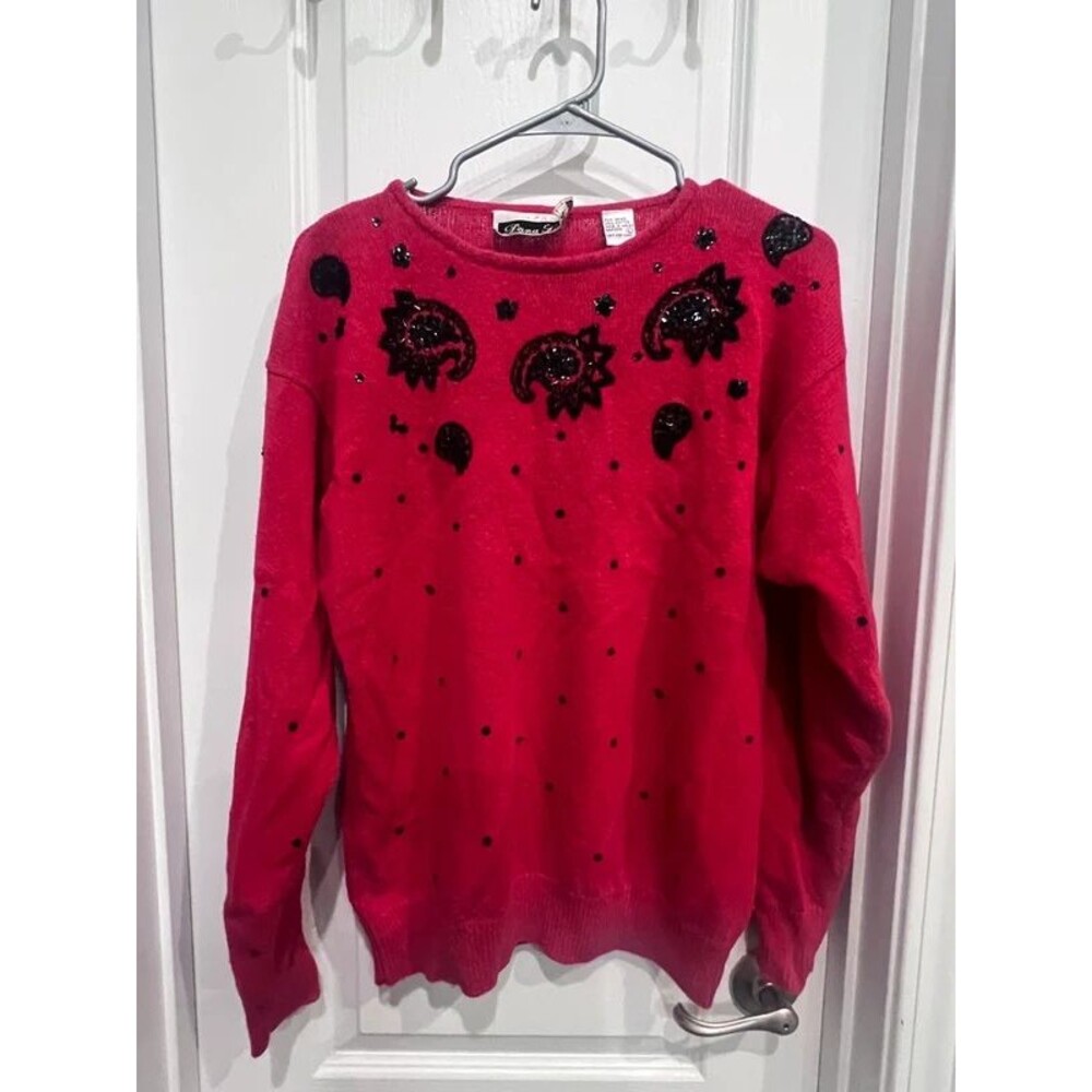 Dana Scott Women’s Large Pink Embellished Paisley Sweater Ramie Cotton